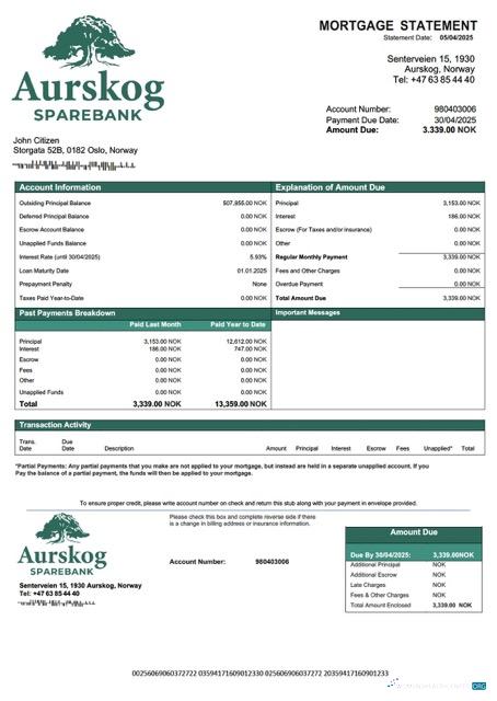Download Norway Aurskog Sparebank mortgage statement Word and PDF template Photoshop template